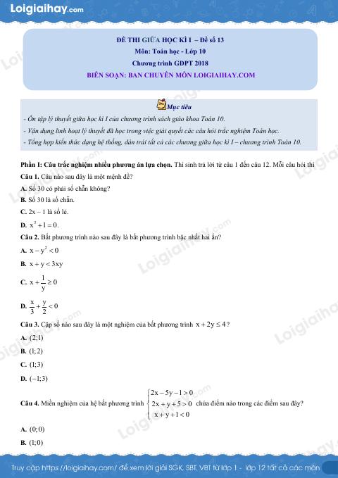 Đề thi giữa kì 1 Toán 10 Chân trời sáng tạo - Đề số 13
